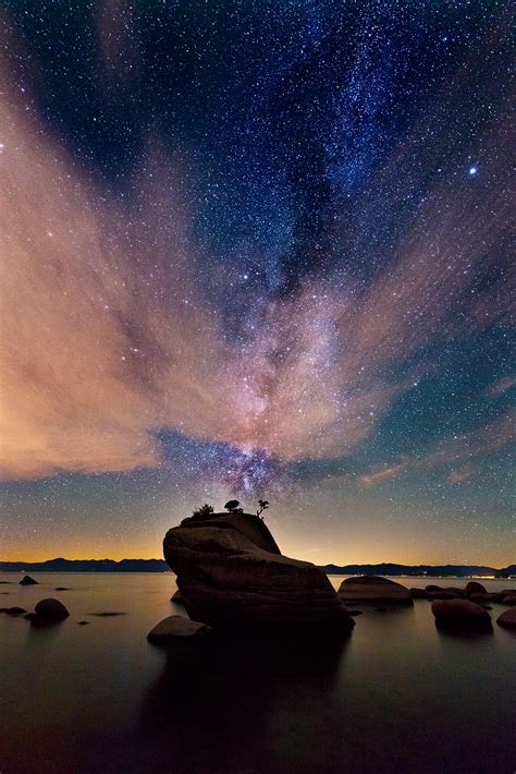 Night Photo Of Milkyway And Clouds Over Bonsai Rock Lake Tahoe Nevada