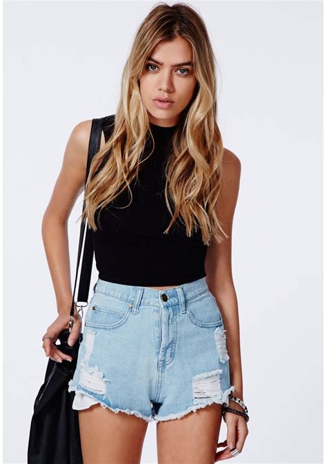 Missguided Nicole High Waisted Ripped Detail Denim Shorts Light Blue 44 Missguided