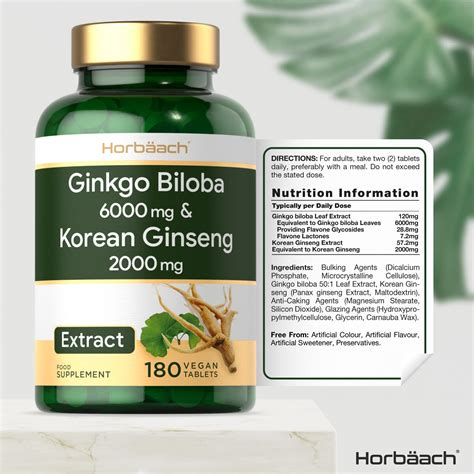 Ginkgo Biloba 6000mg And Korean Panax Ginseng 2000mg 180 Vegan Tablets High Strength Non Gmo