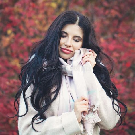 Attractive Brunette Woman In Fall Park Autumn Woman Stock Image