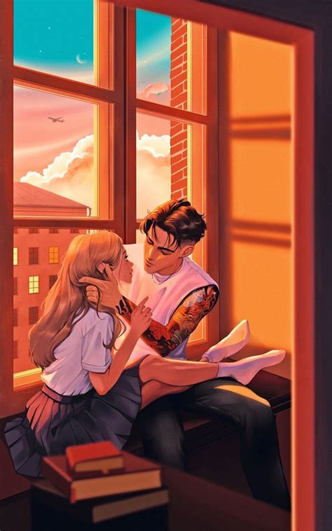 A Man And Woman Sitting Next To Each Other On A Window Sill Reading Books