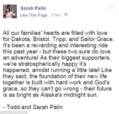 Sarah Palin Congratulates Daughter Bristol On Her Wedding Daily Mail Online