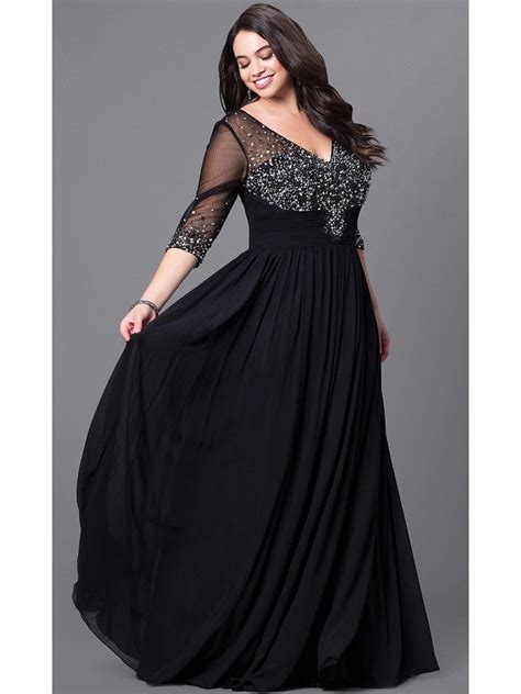A Line 34 Length Sleeves V Neck Beaded Long Black Plus Size Prom Evening Dresses 99502017