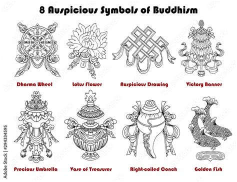 Design Set With Eight Auspicious Symbols Of Buddhism Isolated On White