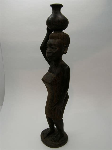 Hand Carved Wood Sculpture African Tribal Woman Figurine Carrying Pot