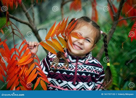 Happy Child On Walk In Autumn Forest Girl In Autumn Day Stock Image