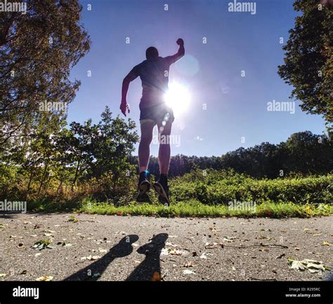 Man Jogger Run In Park Sunny Day Nature Background Man Training