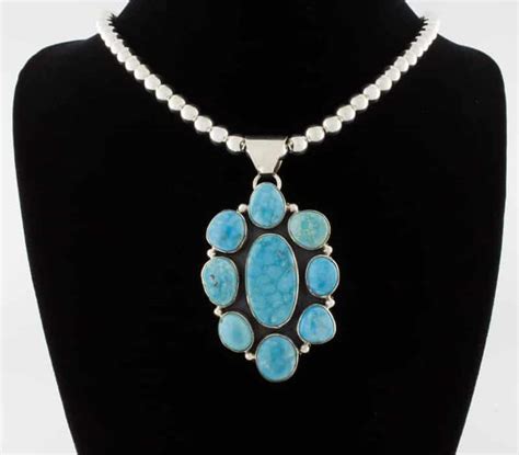Navajo Sterling Silver Bead Necklace With Kingman Turquoise Cluster