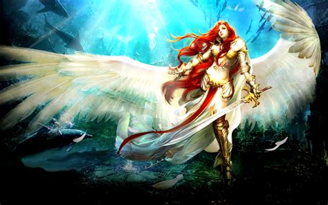 Download Armor Red Hair Sword Wings Fantasy Angel Warrior Hd Wallpaper