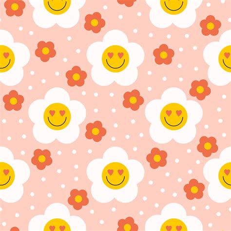 Retro Groovy Seamless Pattern With Smiling Flowers On A Pastel