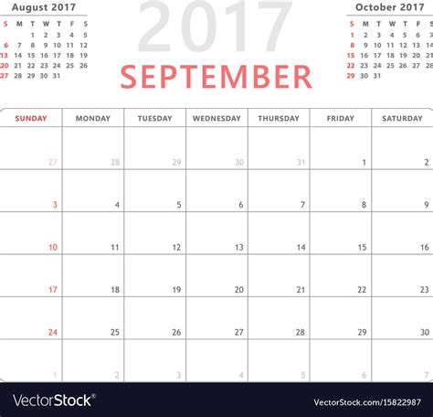 Calendar Planner 2017 September Week Starts Vector Image