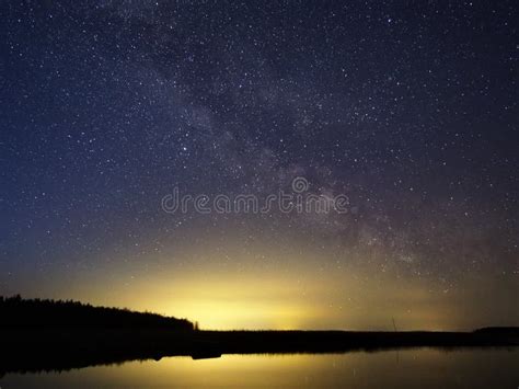 Night Sky Stars And Milky Way Over Lake Stock Photo Image Of