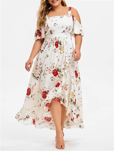 52 Off Plus Size Cold Shoulder Flounce Floral Maxi Dress Rosegal
