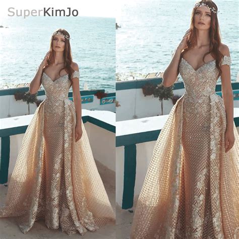 superkimjo gold sparkly evening dresses 2022 detachable train lace elegant prom dresses 2023