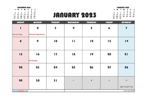 Free Printable January Calendar 2023 With Holidays Pdf