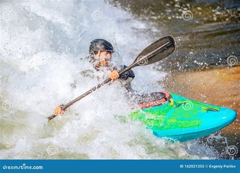 Guy In Kayak Sails Mountain River Whitewater Kayaking Extreme Sport