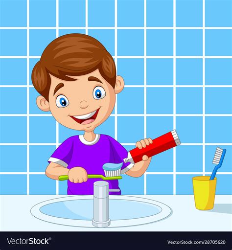 Cute Little Boy Brushing Teeth In Bathroom Vector Image