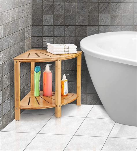 Bamboo corner shower bench with storage shelf for bathroom organization. Clearance Depot - NEW Bamboo Corner Stool Shower Bench ...