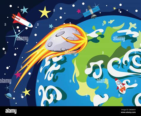 Cartoon Planet Earth In Open Space With Satellites Stock Vector Image