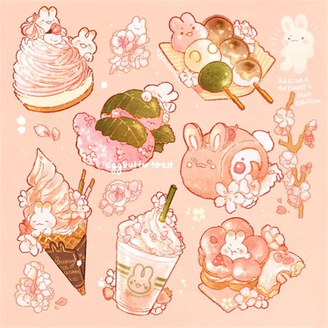 An Illustration Of Various Desserts And Drinks On A Pink Background