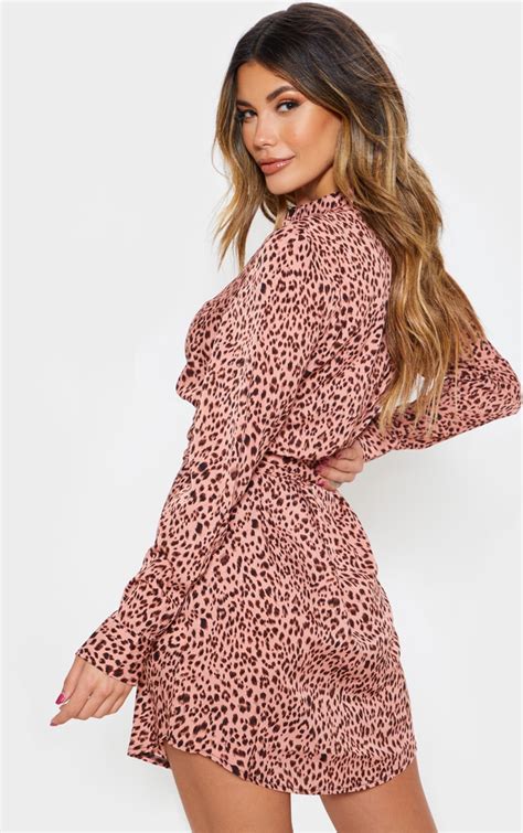 Pink Leopard Tie Waist Collarless Shirt Dress Prettylittlething