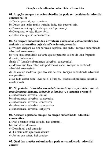 Exercícios De Orações Subordinadas Adverbiais Com Gabarito Recanto Das Letras