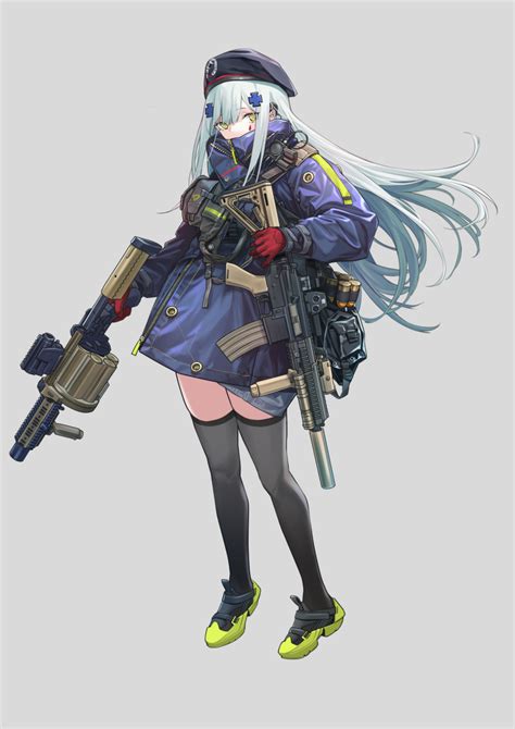 Safebooru 1girl Absurdres Assault Rifle Bag Bangs Beret Black Legwear Blue Hair Blue Jacket