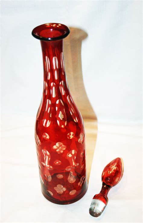 Antique Bohemian Ruby Red Glass Cut To Clear Decanter Crystal