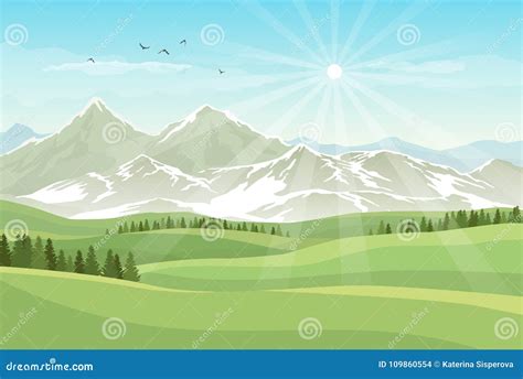 Vector Bright Landscape With Green Meadows Forests Mountains W Stock