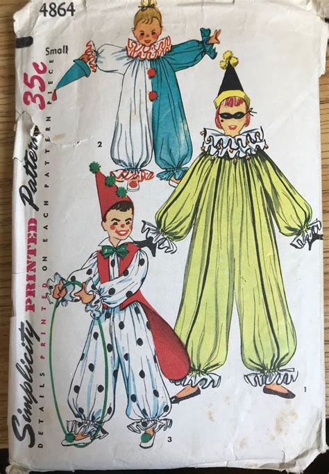 An Old Fashioned Sewing Pattern With Clowns On The Front And Back In Different Colors