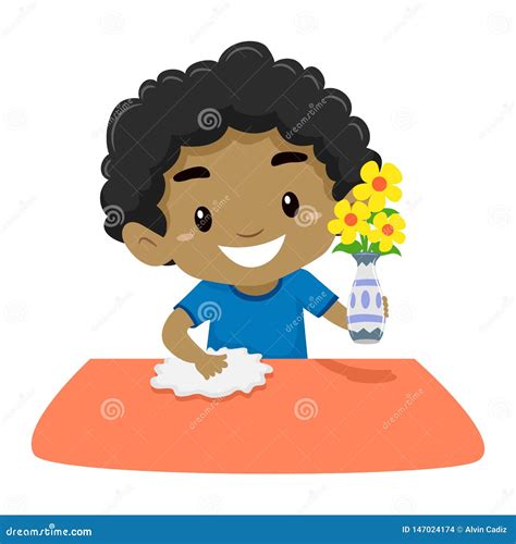 Vector Illustration Of Kid Boy Cleaning The Table