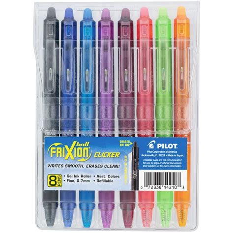 Pilot Frixion Clicker Erasable Gel Ink Pens Fine Point Asst Colors 8