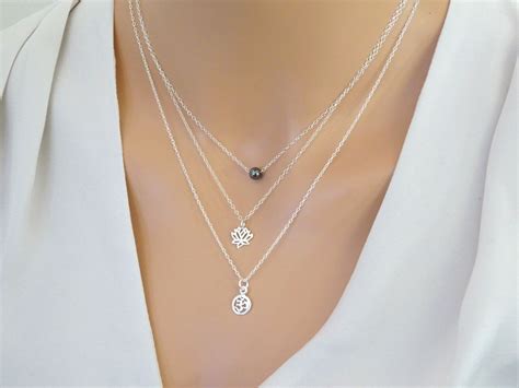 Layered Necklace Set Sterling Silver Layering Necklace Set Hematite Lotus Pendant Om