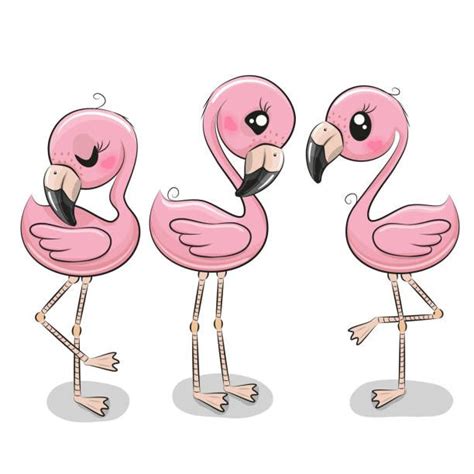 Set Of Three Cute Cartoon Flamingos Vector Art Illustration Cute