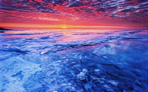 Blue Frozen Lake And Red Sunset Wallpapers Sunset Wallpaper Frozen