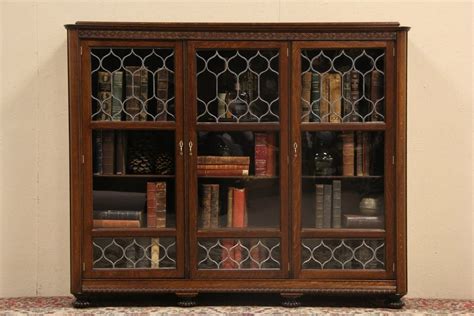 Triple Carved Oak 1895 Antique Bookcase Leaded Glass Doors Antique