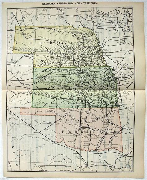 Original 1892 Dated Railroad Map Of Nebraska Kansas And Indian Territory