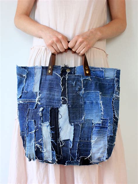 Hipster Patchwork Denim Bag With Leather Handles One Of A Etsy Uk