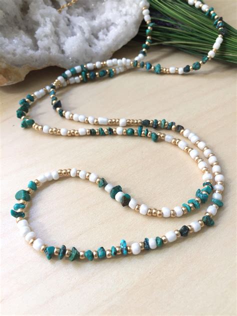 Long Turquoise And Seed Bead Necklace White And Gold Wrap Etsy