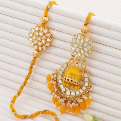 Vibrant Yellow Meena And Beads Bhaiya Bhabhi Rakhi Gift Send Qfilter
