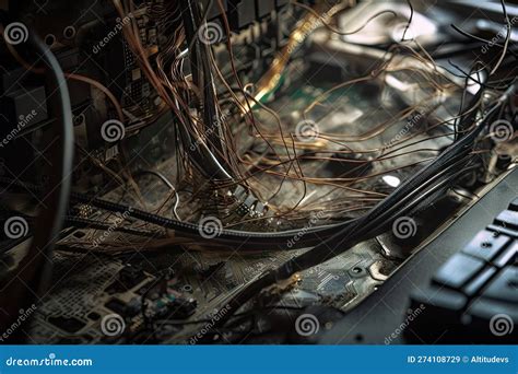 Close Up Of Broken Computer Screen With Wires And Cables Visible Stock