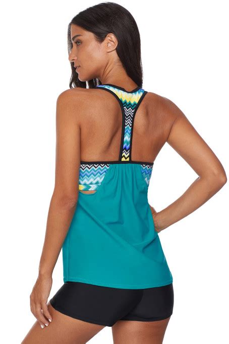 ¥ 54 Green Print Insert Racerback Tankini Set