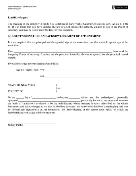 Power Of Attorney Statutory Short Form Sample New York Free Download