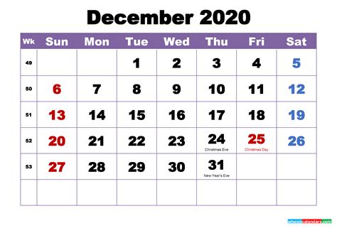 December 2020 Desktop Calendar Monthly
