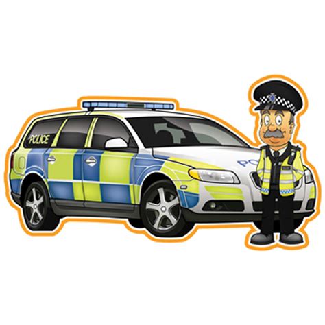 Police Car And Policeman Sign Combo | Games and Play Cartoon black police car with golden badge vector.