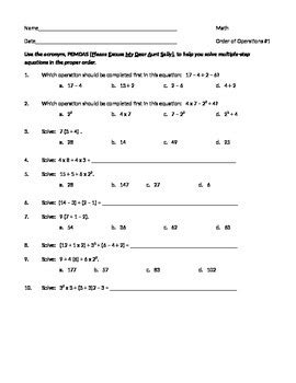 Order of operations worksheet answer key pemdas answer key worksheets teacher worksheets these order of operations worksheets will get your pemdas skills in operational order. MATH ORDER of OPERATIONS Algebra WORKSHEET & TEST ...