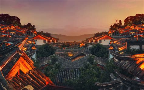 Wallpaper China Sky Mountain Old Town Roof Night Lights 1920x1080