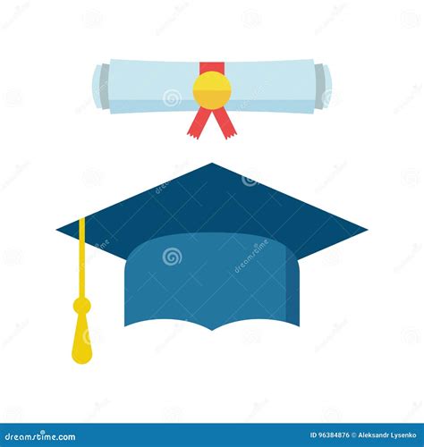Graduation Cap And Diploma Scroll Icon Vector Illustration In Fl Stock