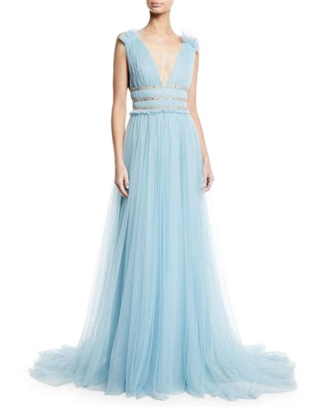 Monique Lhuillier V Neck Sleeveless Shirred Soft Tulle Evening Gown