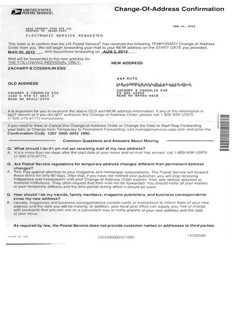 3 14 12 Usps Change Of Address Confirmation Form 1422 E 9th Mail